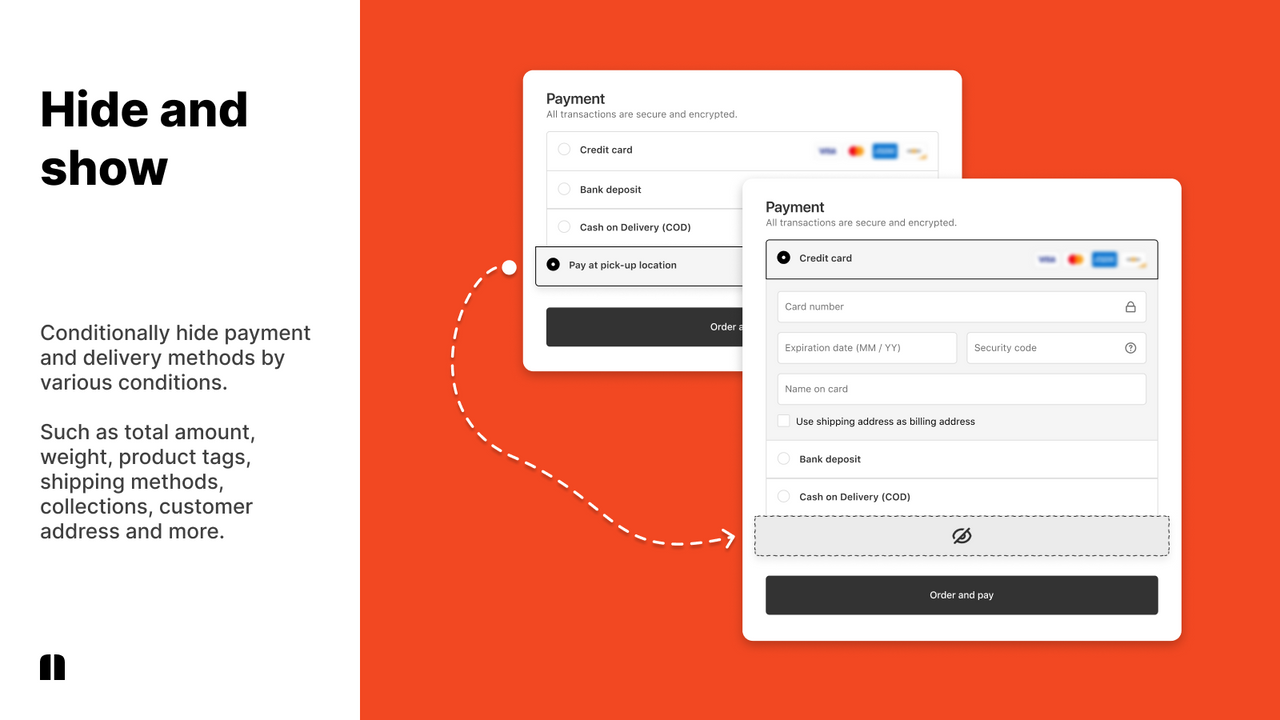 Payflow - Oculta los métodos de pago y entrega en función de las condiciones