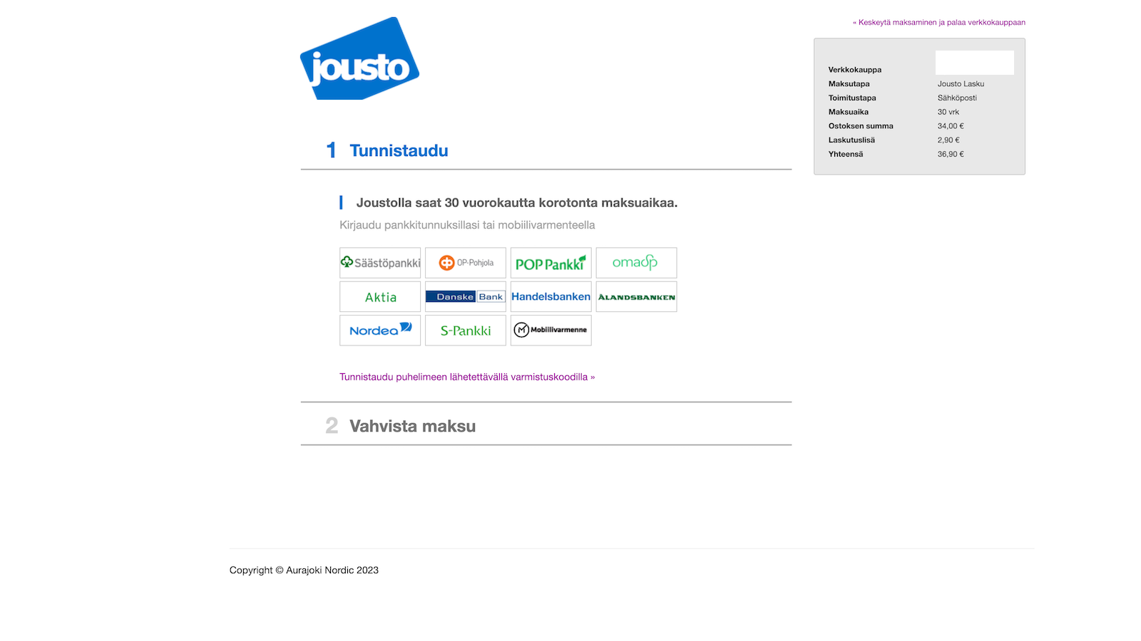 Pagamento Jousto com autenticação bancária