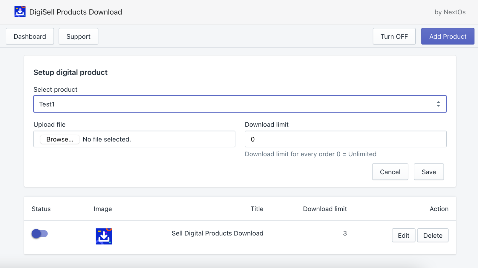 Sell digital products - select product + upload file