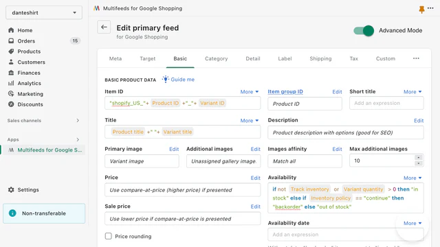 Highly customizable expressions for feed attributes