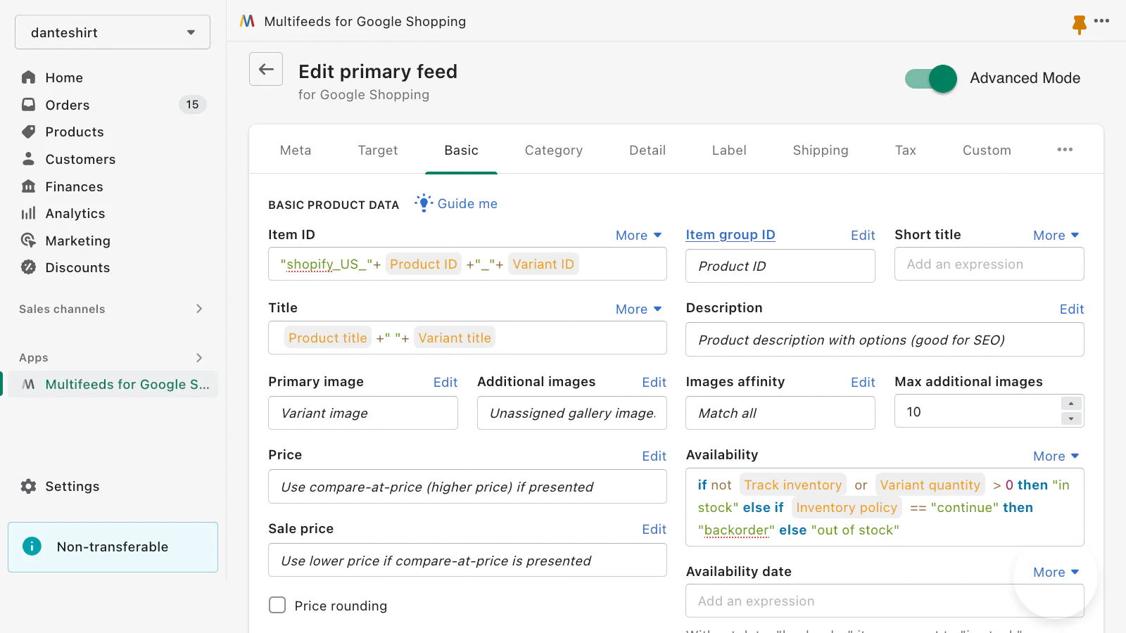 Highly customizable expressions for feed attributes