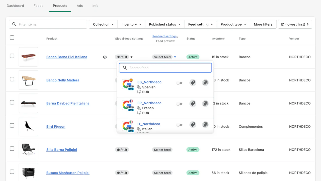 Cada producto puede tener su propia configuración de feed