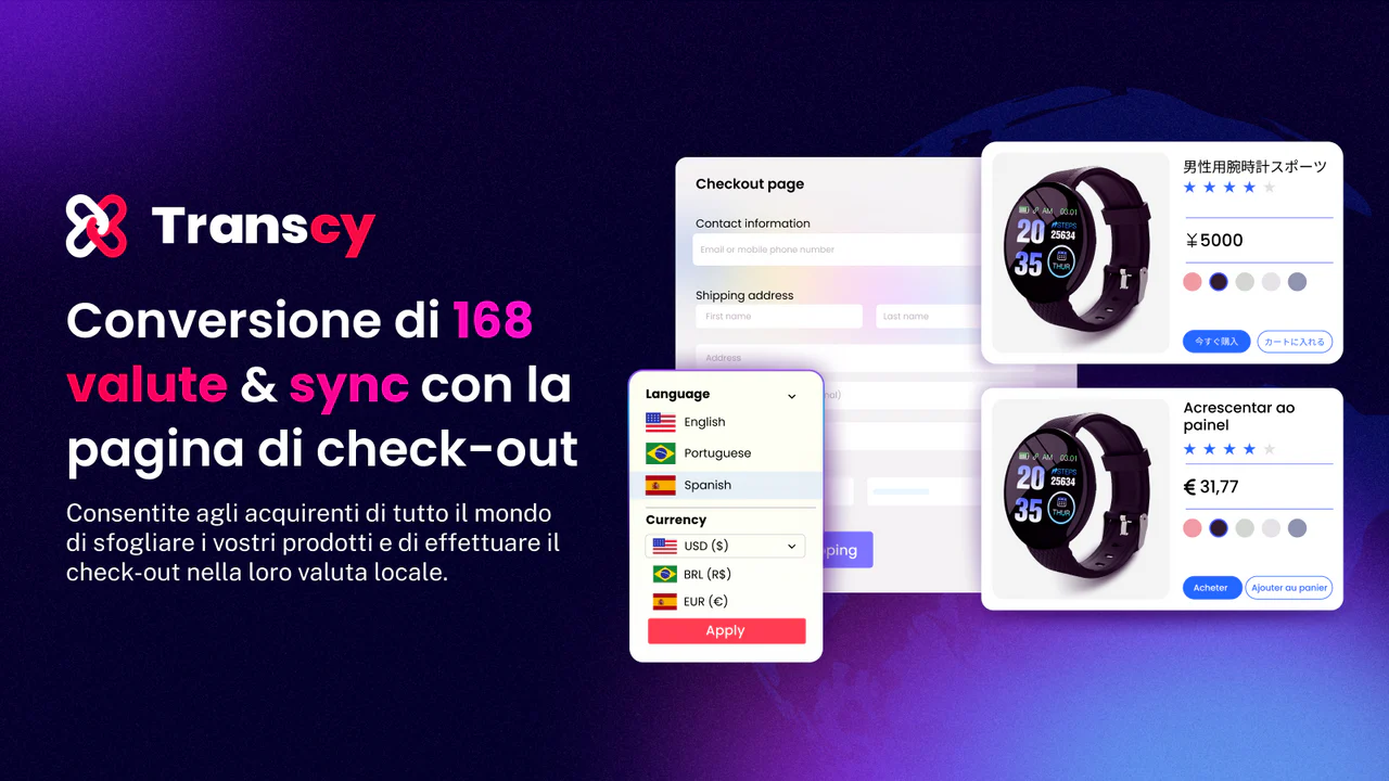 Conversione di 168 valute & sync con la pagina di check-out