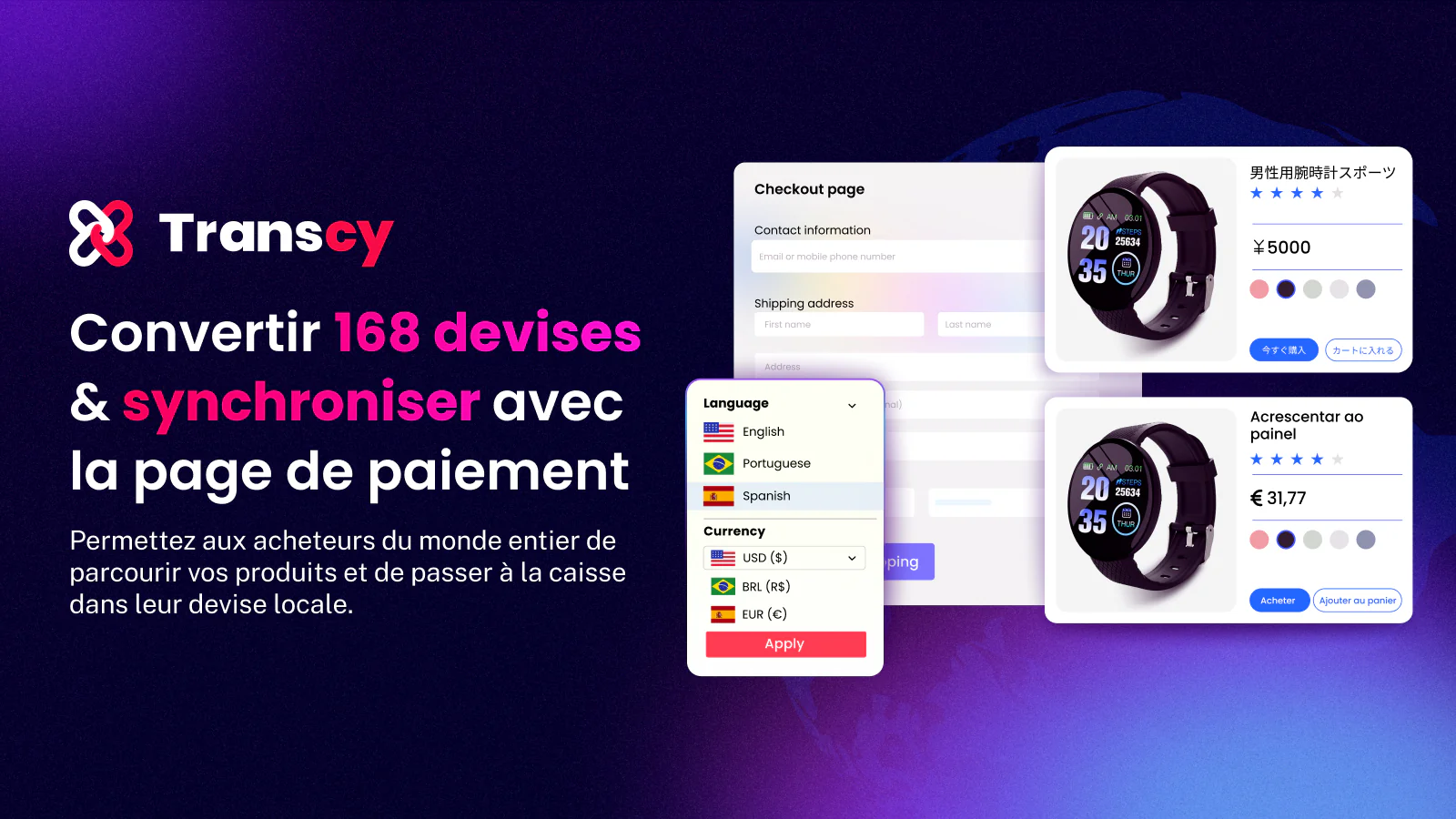 Convertir 168 devises & synchroniser avec la page de paiement