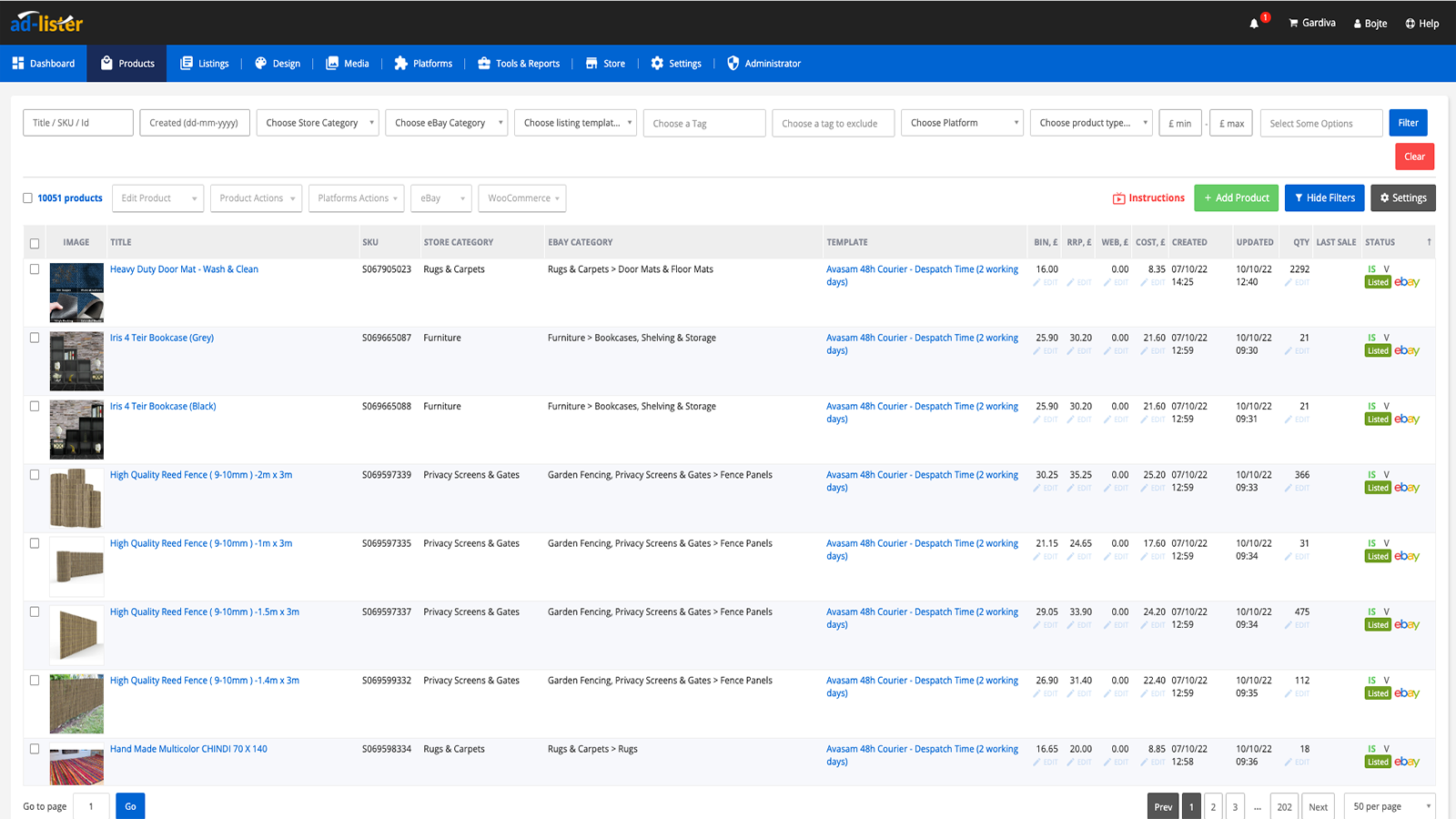 Ad-Lister product grid with all of your products in one interfac