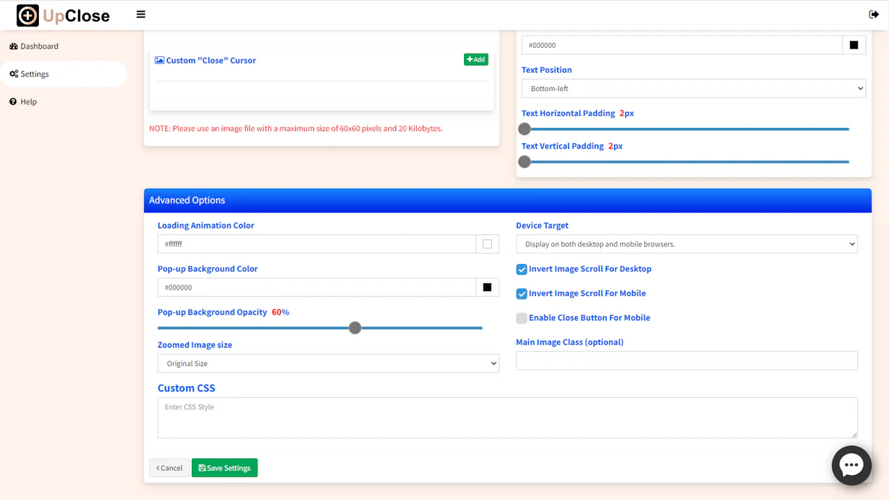 La página de configuración de la aplicación