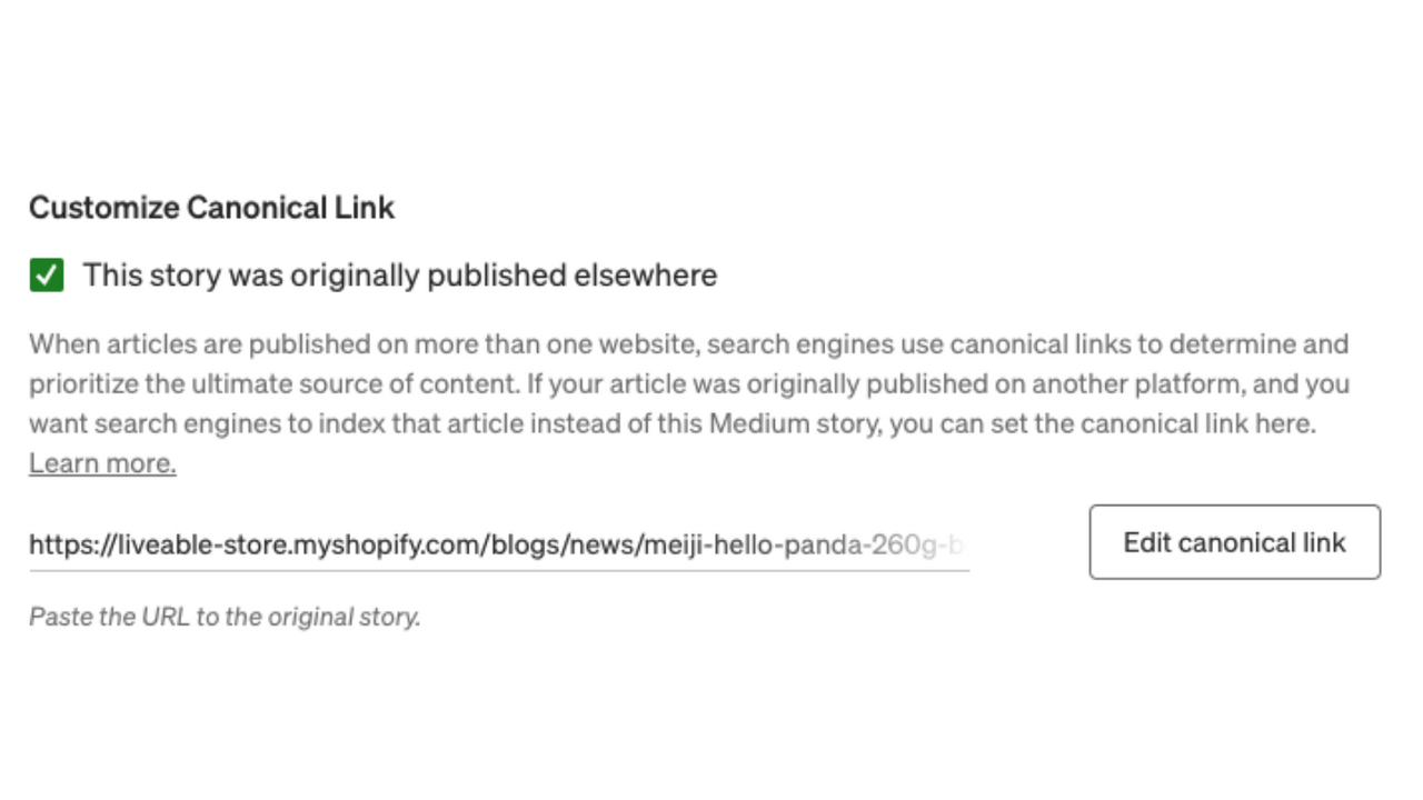 Canonical URL automatically entered in Medium. Improves SEO