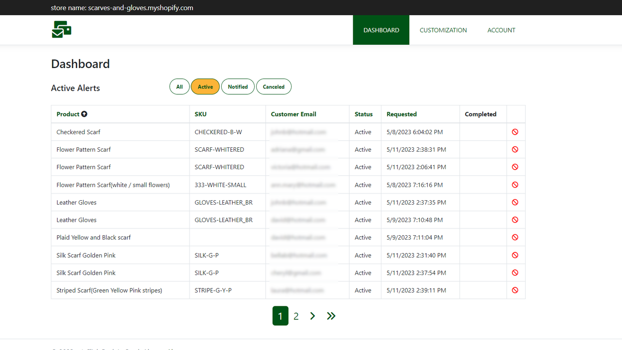 Tableau de bord avec liste des alertes demandées