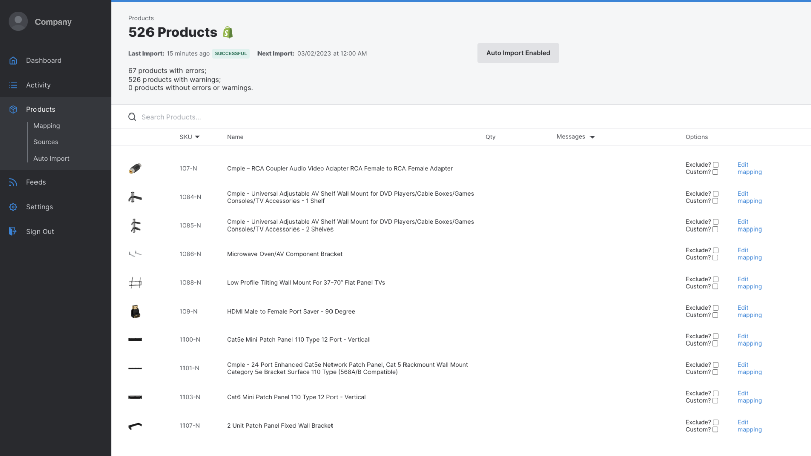 Lista de produtos Shopify importados