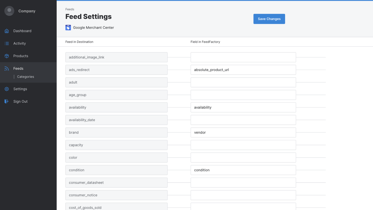 Configuraciones y opciones de feed