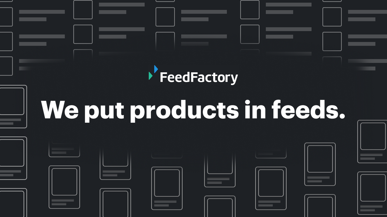 Logo do FeedFactory com o slogan nós colocamos produtos em feeds