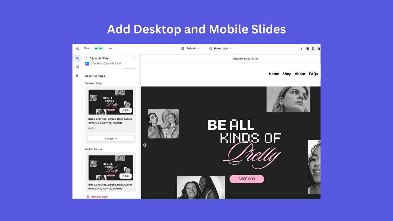 Adicione slides para desktop e mobile