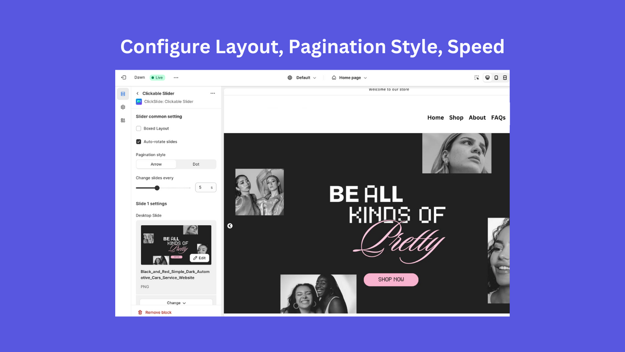 Configure layout, pagination style, speed