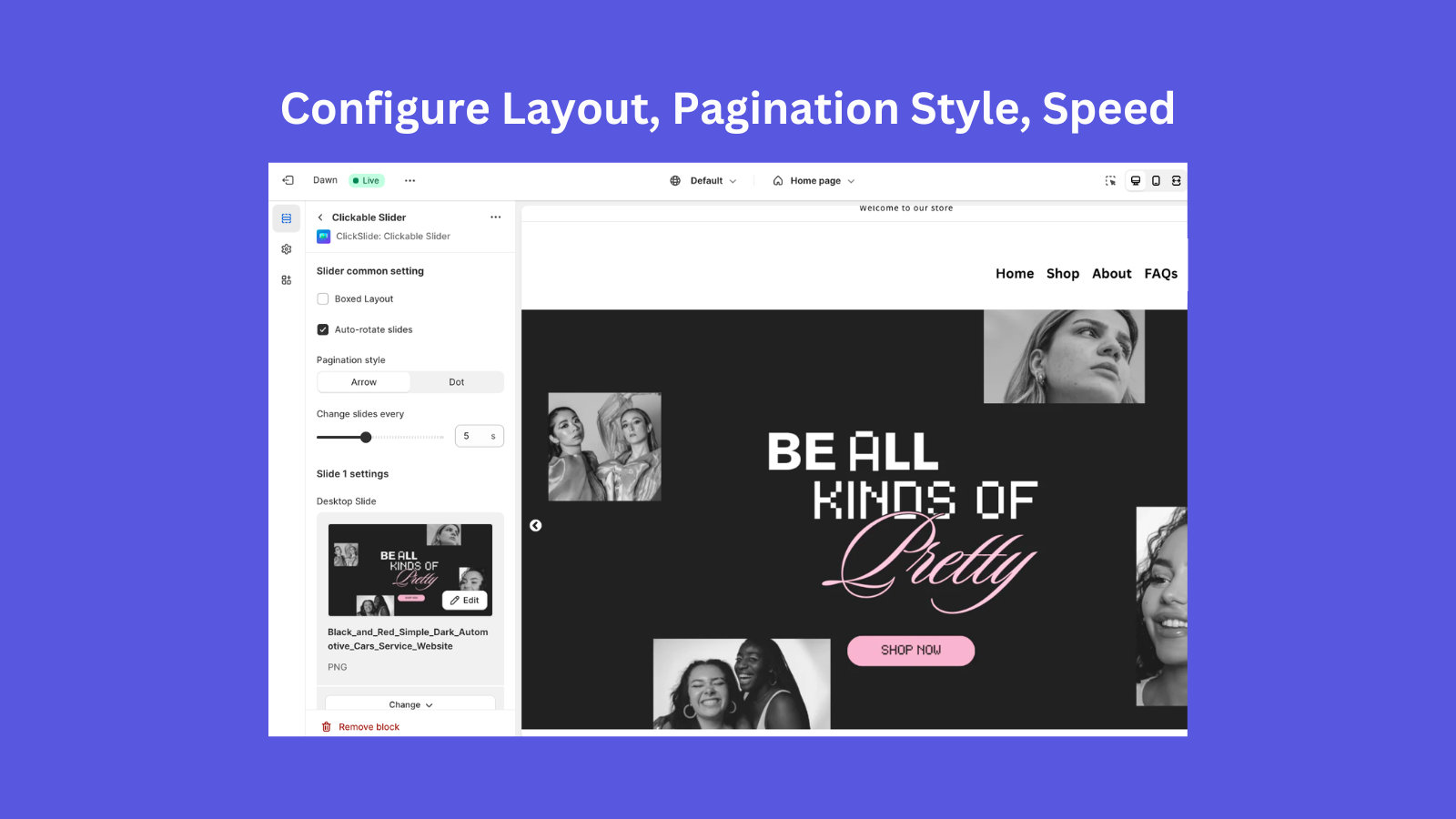 Konfigurer layout, pagineringsstil, hastighed