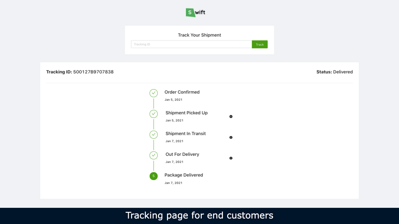 Tracking page for end customers