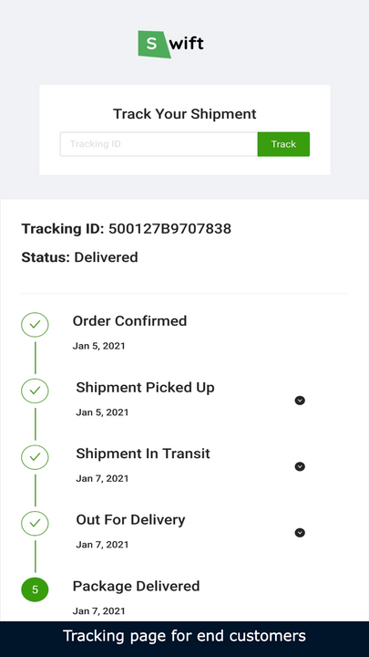 Tracking page for end customers