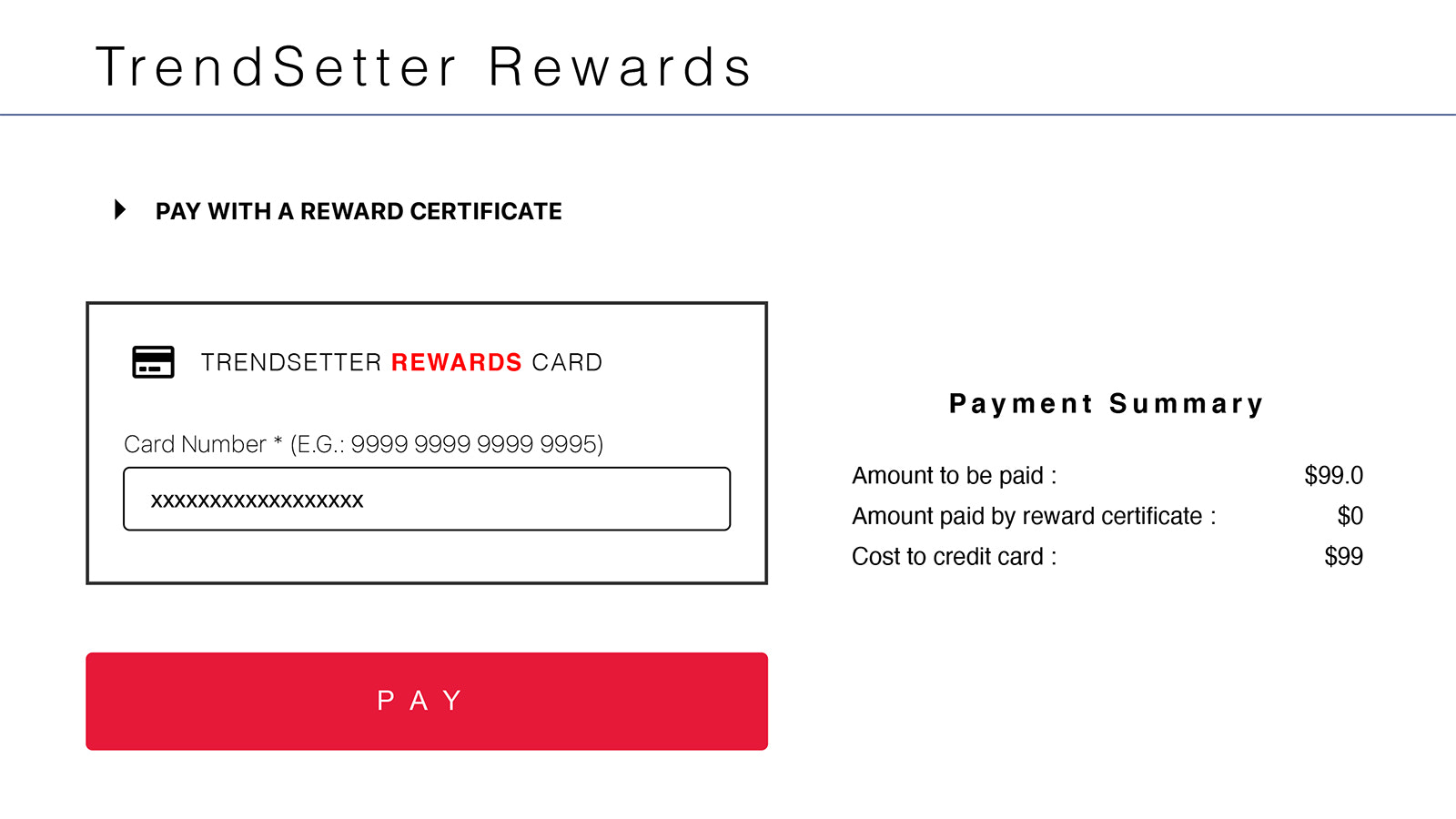 Reward Certificate Payment Page