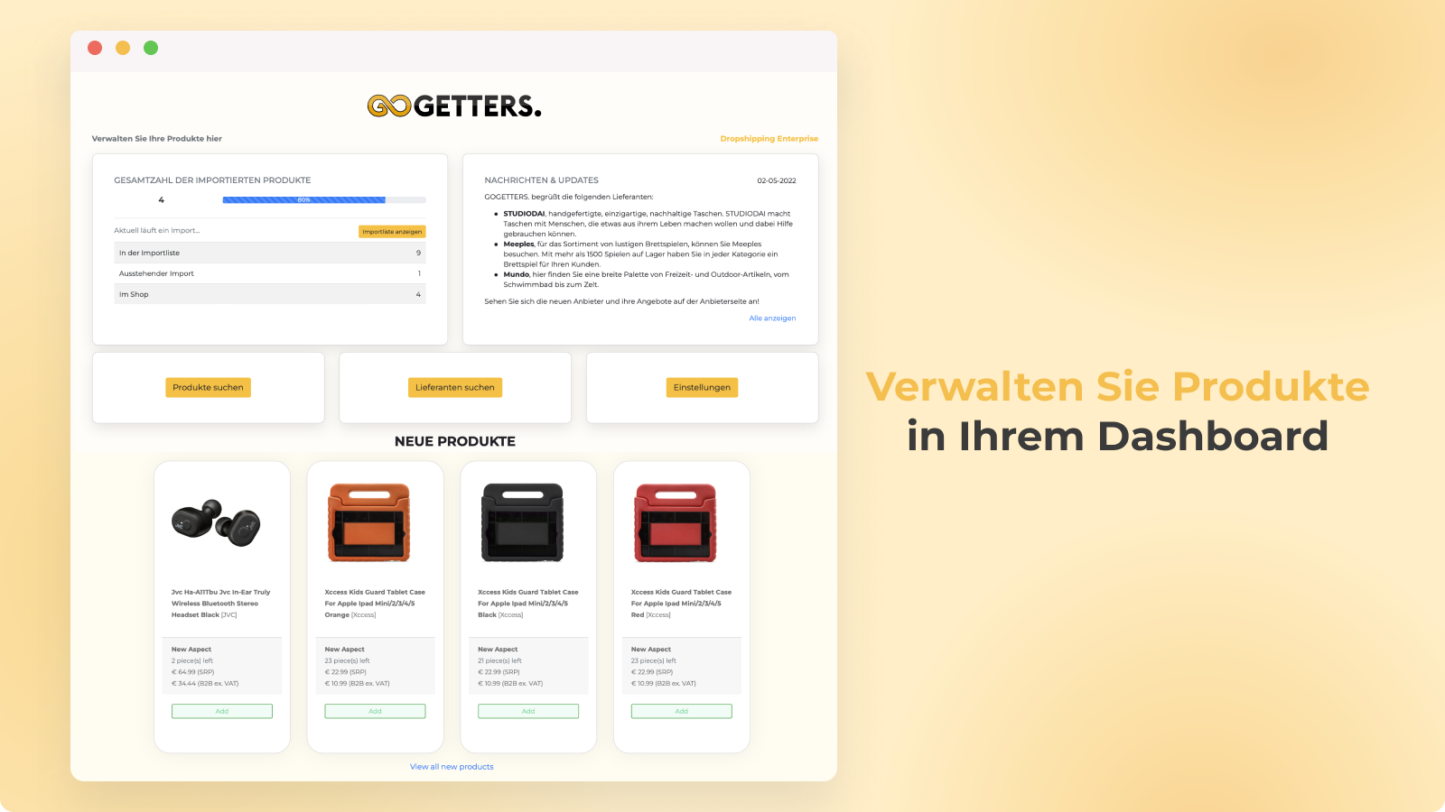 dashboard gogetters Dropshipping-Lieferanten Deutschland 