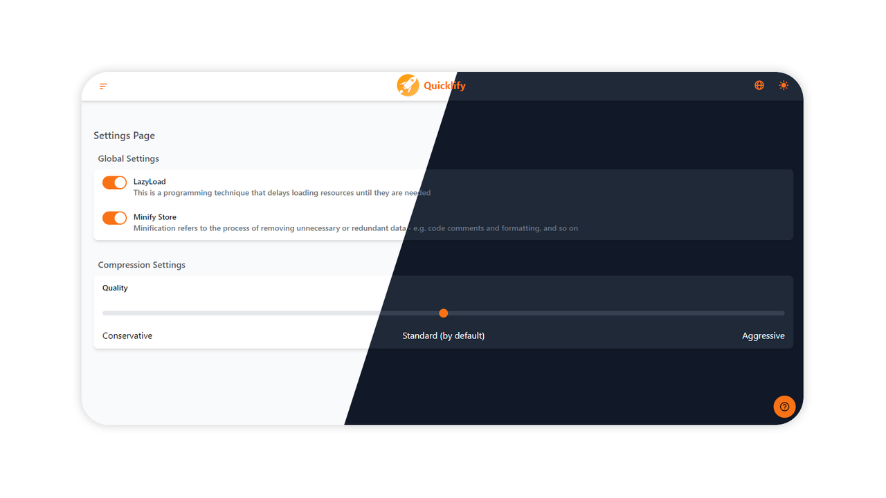 Página de configuración con opciones Lazy Load y Minify