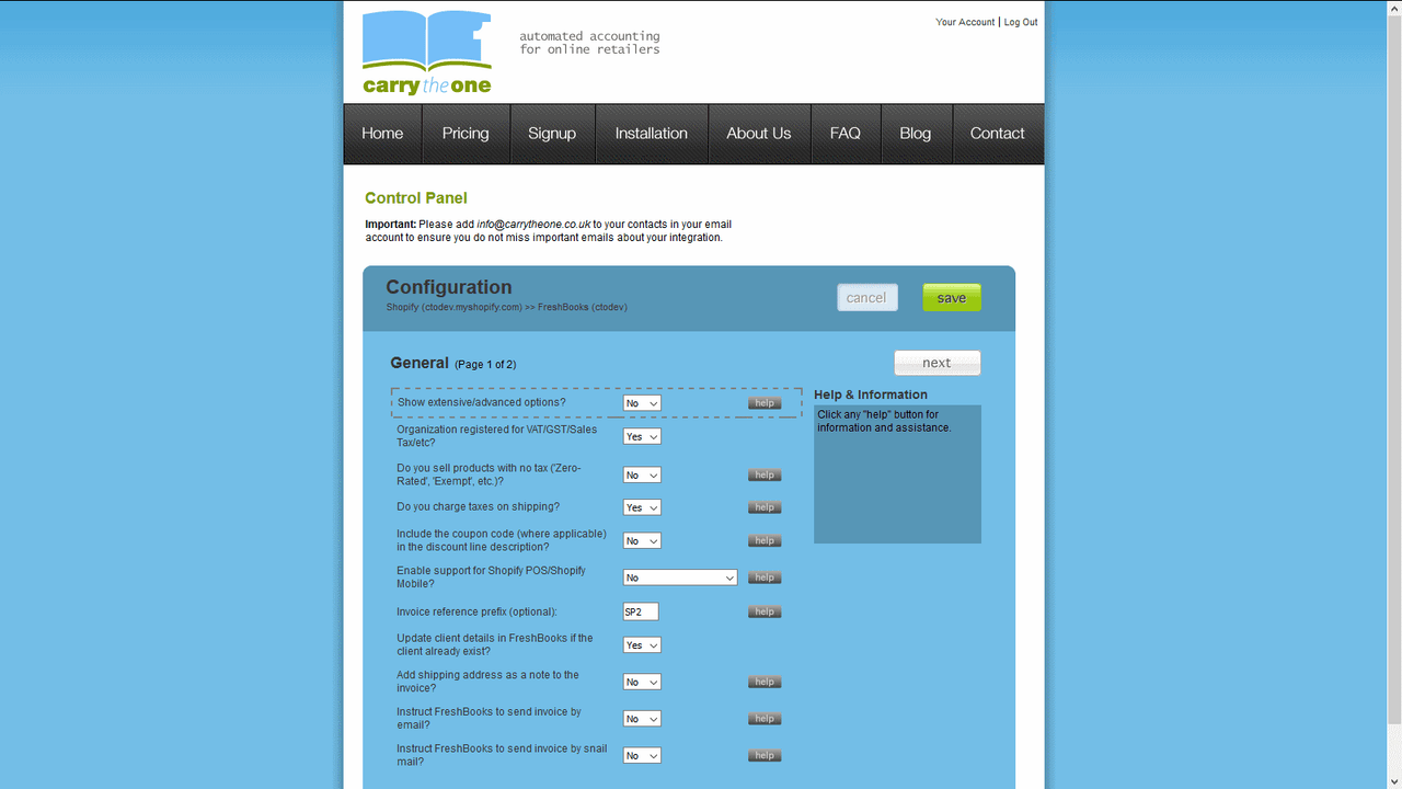 Página 1 do Painel de Configuração