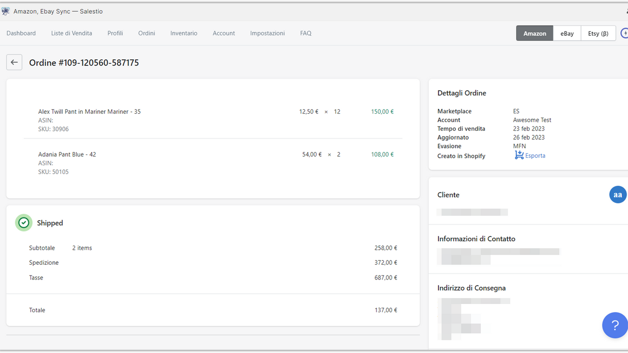 Vista dettagliata dell'ordine Amazon all'interno di Salestio