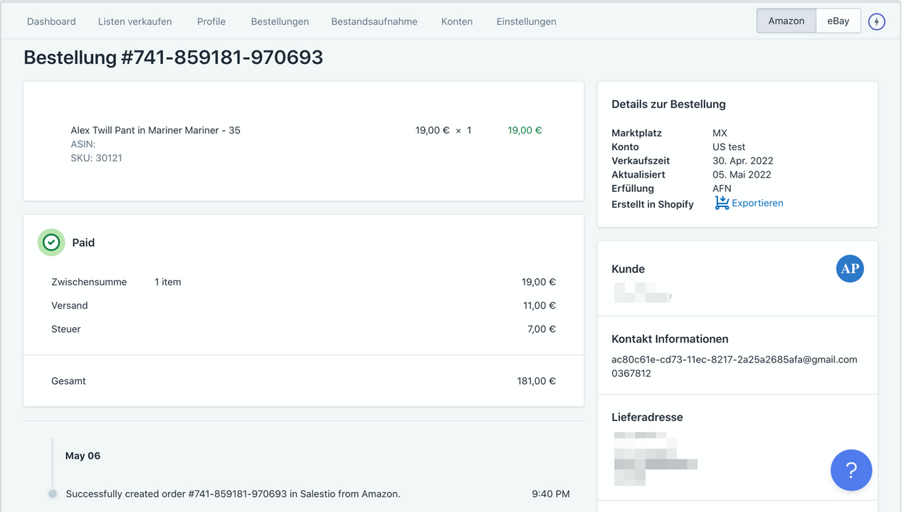 Detaillierte Ansicht der Amazon-Bestellung in Salestio