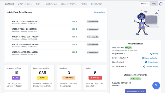 Ebay Dashboard mit allgemeinem Status der Integration