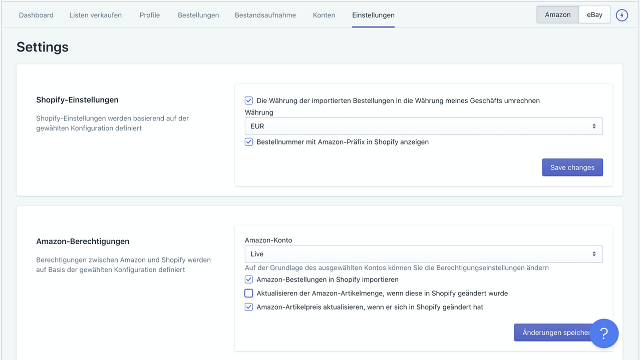 Amazon Konfigurationsoptionen für Bestellungen und Sync