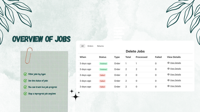 Overview the all jobs by type and track progress live