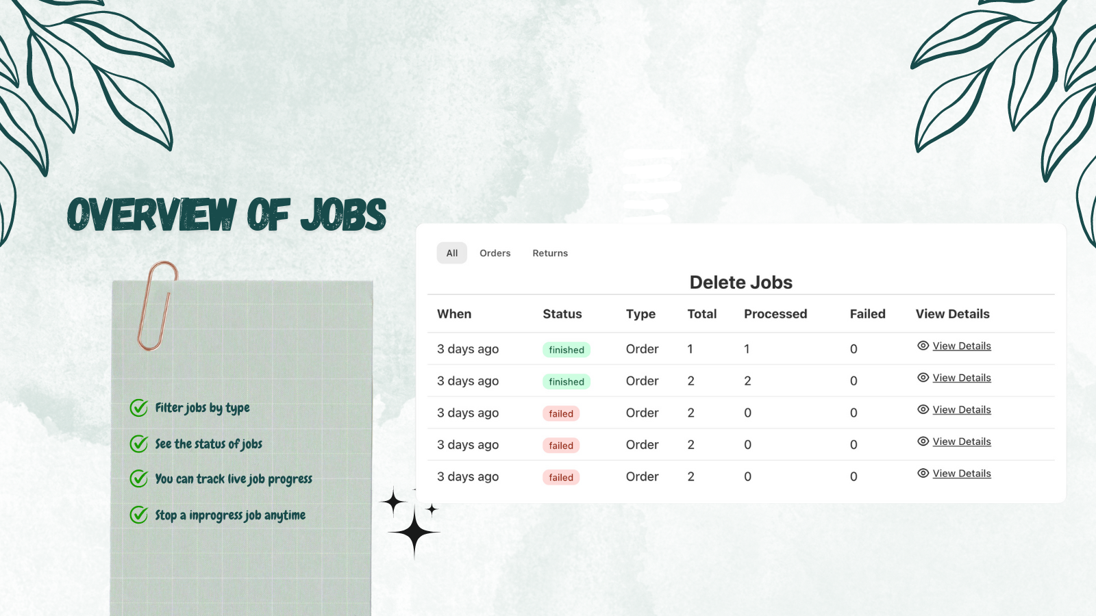 Overzicht van alle jobs per type en volg de voortgang live