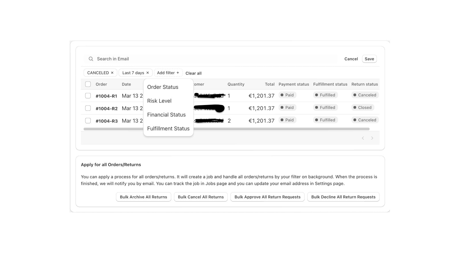 Filter orders or returns by many options