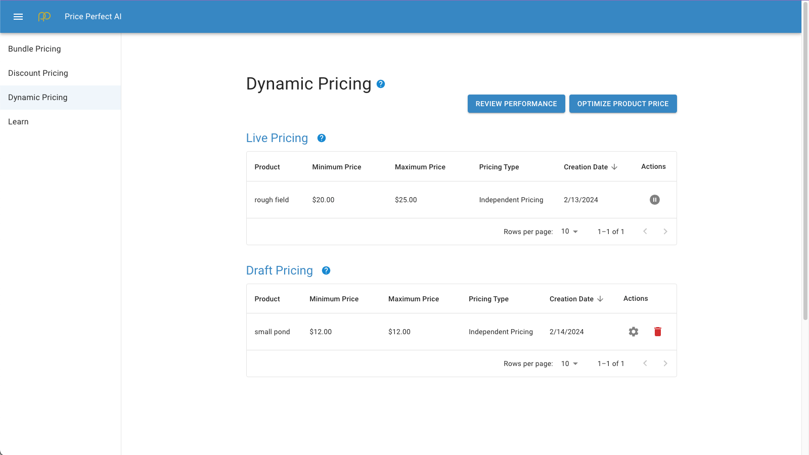 Dynamic Pricing Home Page