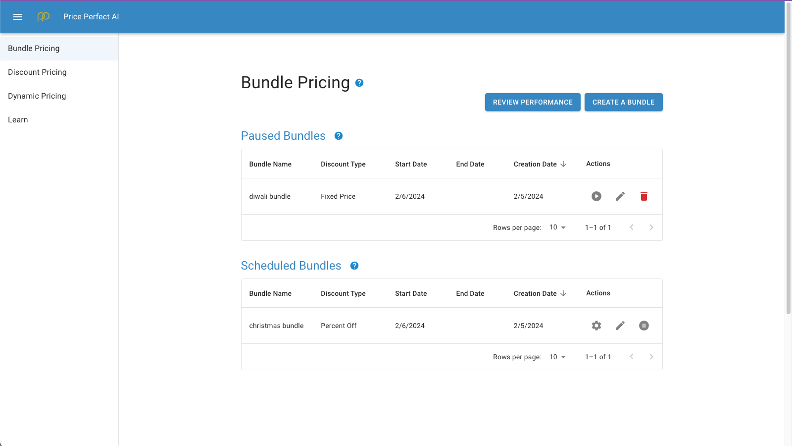 Page d'accueil de la tarification des bundles