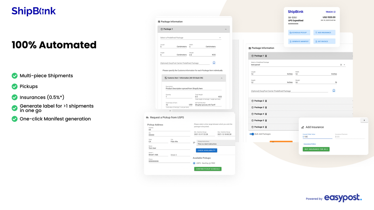 Pickups, Insurance, Labels, Commercial Invoices on ShipBlink