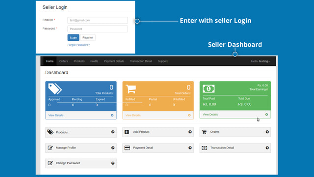 Tela de login separada e painel do vendedor para vendedores