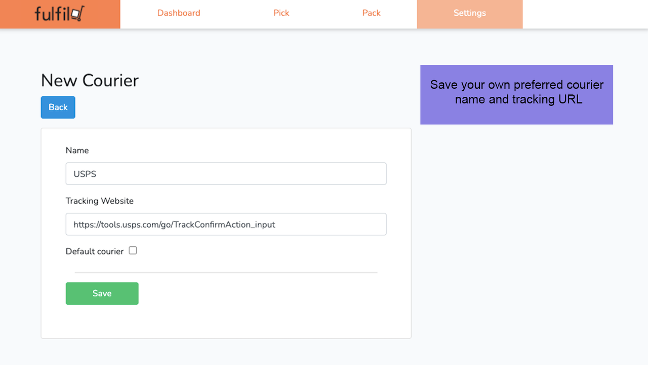 Save your own preferred courier name and tracking URL