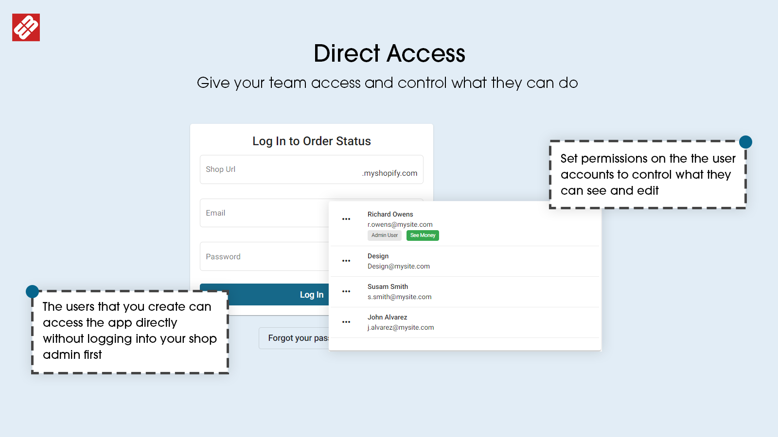 Contas de usuário ilimitadas com acesso direto e permissões personalizadas