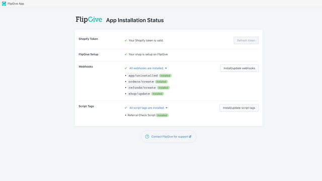 Panel de control de FlipGive mostrando webhooks instalados