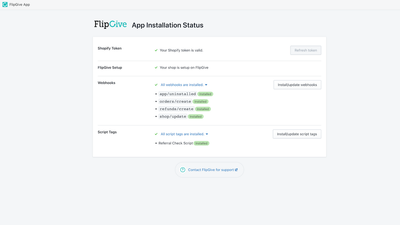 FlipGive instrumentpanel som visar installerade webhooks