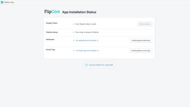 FlipGive dashboard toont installatiestatus