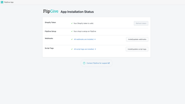 Panel de control de FlipGive mostrando el estado de instalación