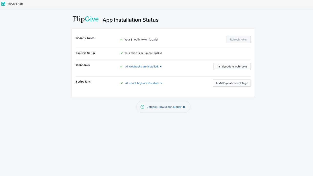 FlipGive instrumentpanel som visar installationsstatus