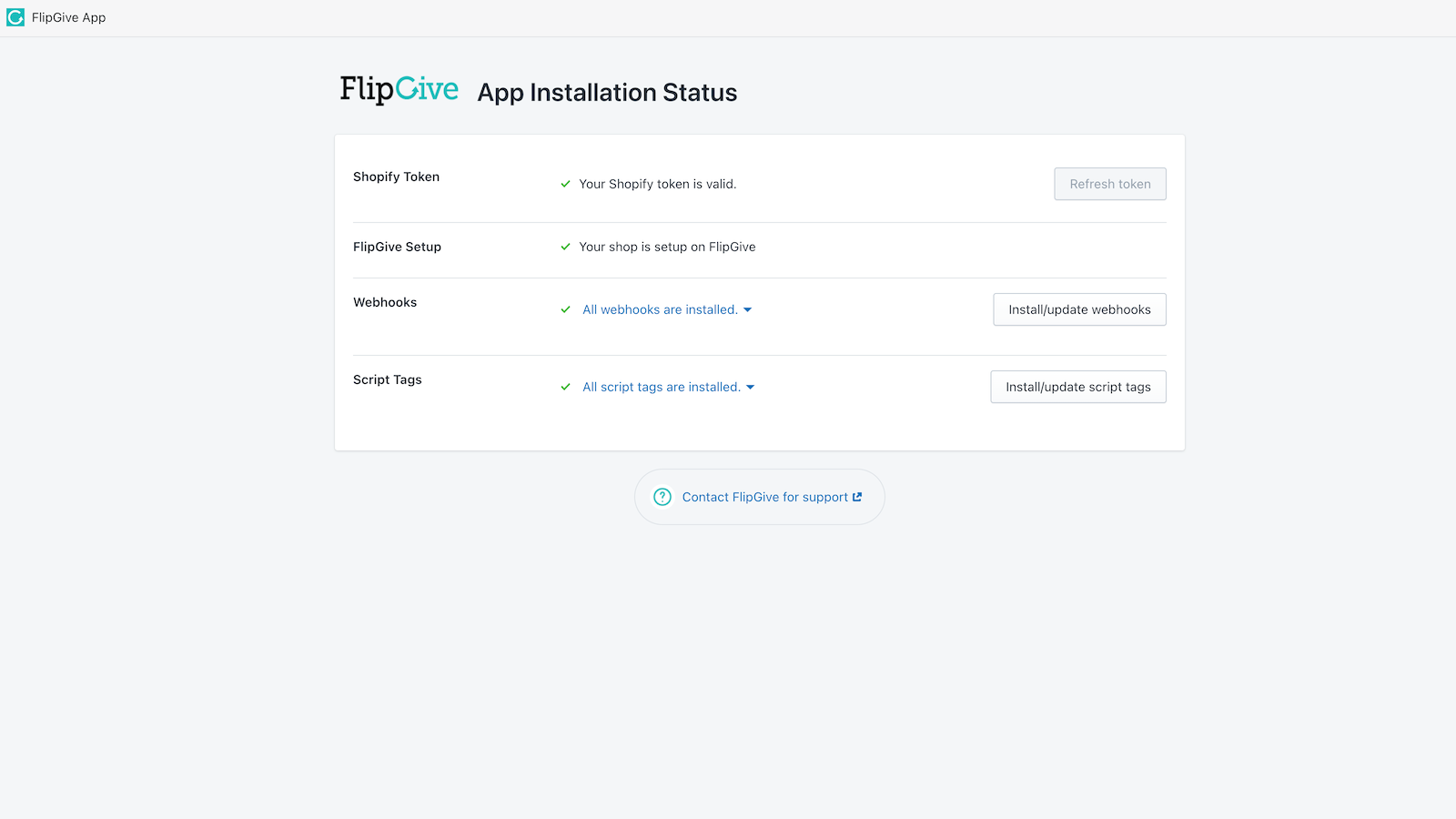 Panel de control de FlipGive mostrando el estado de instalación