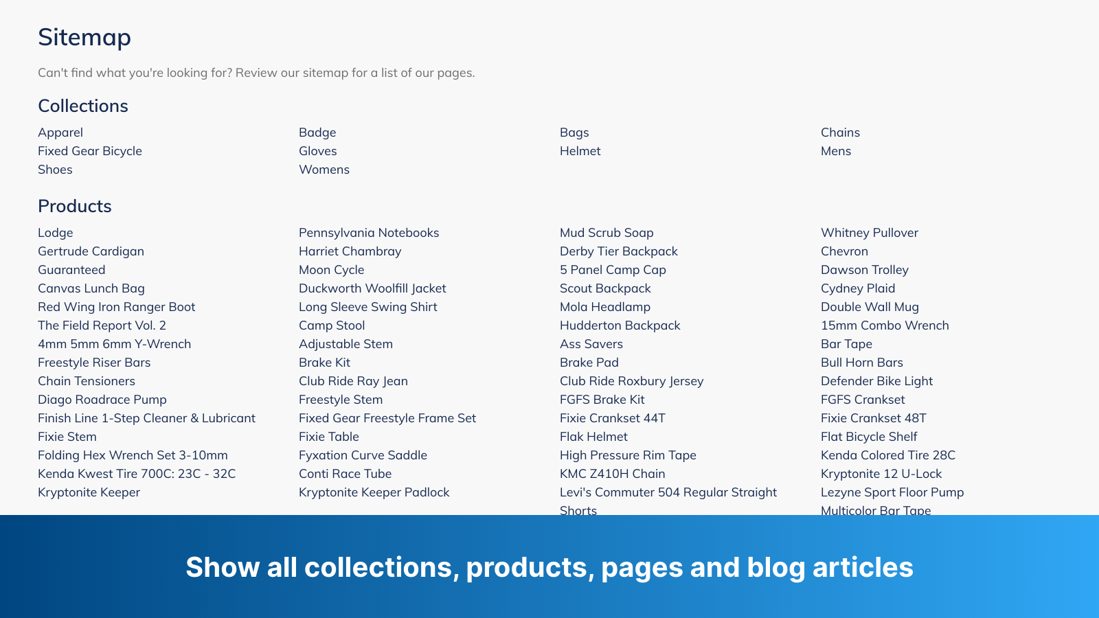 Affichez toutes les collections, produits, pages et articles de blog