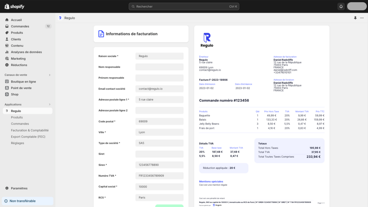 Regulo : configuration de votre facture