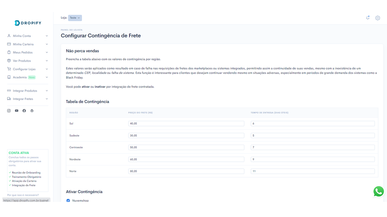 Configure tabelas de contingência diretamente na Dropify