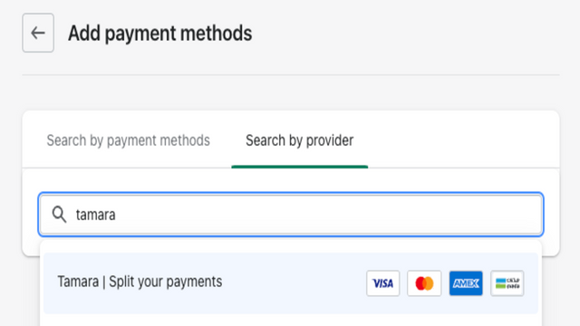Ajoutez l'application de paiement Shopify, recherchez Tamara Divisez vos paiements