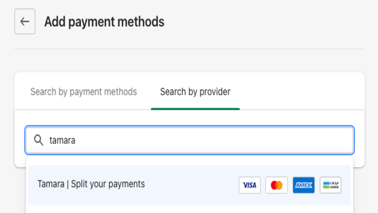 Añade la aplicación de pago de Shopify, busca Tamara Divide tus pagos