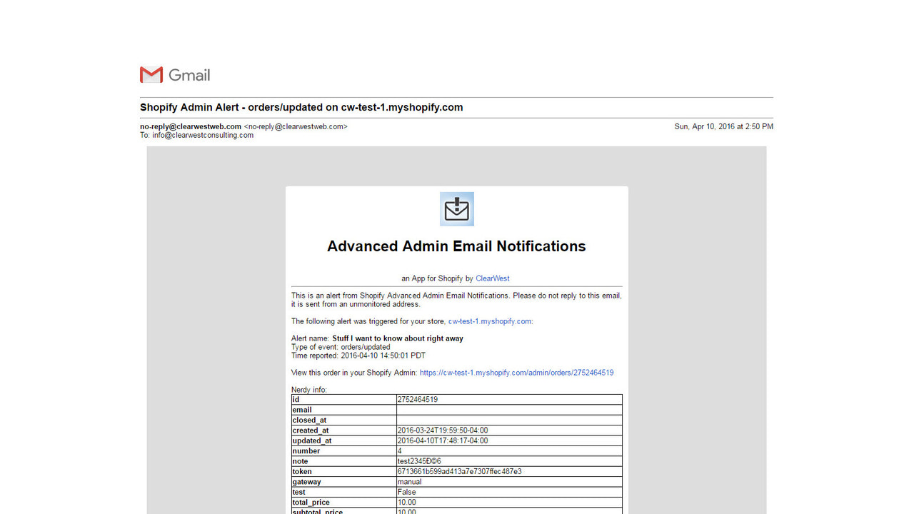 Captura de tela de exemplo de email