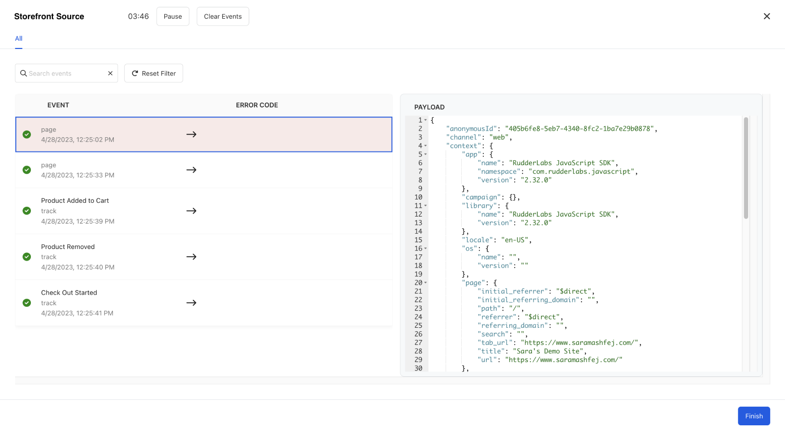 Live events flowing through the source with event payloads 